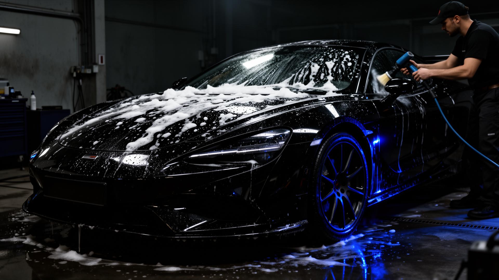 Glossy black sports car being professionally detailed